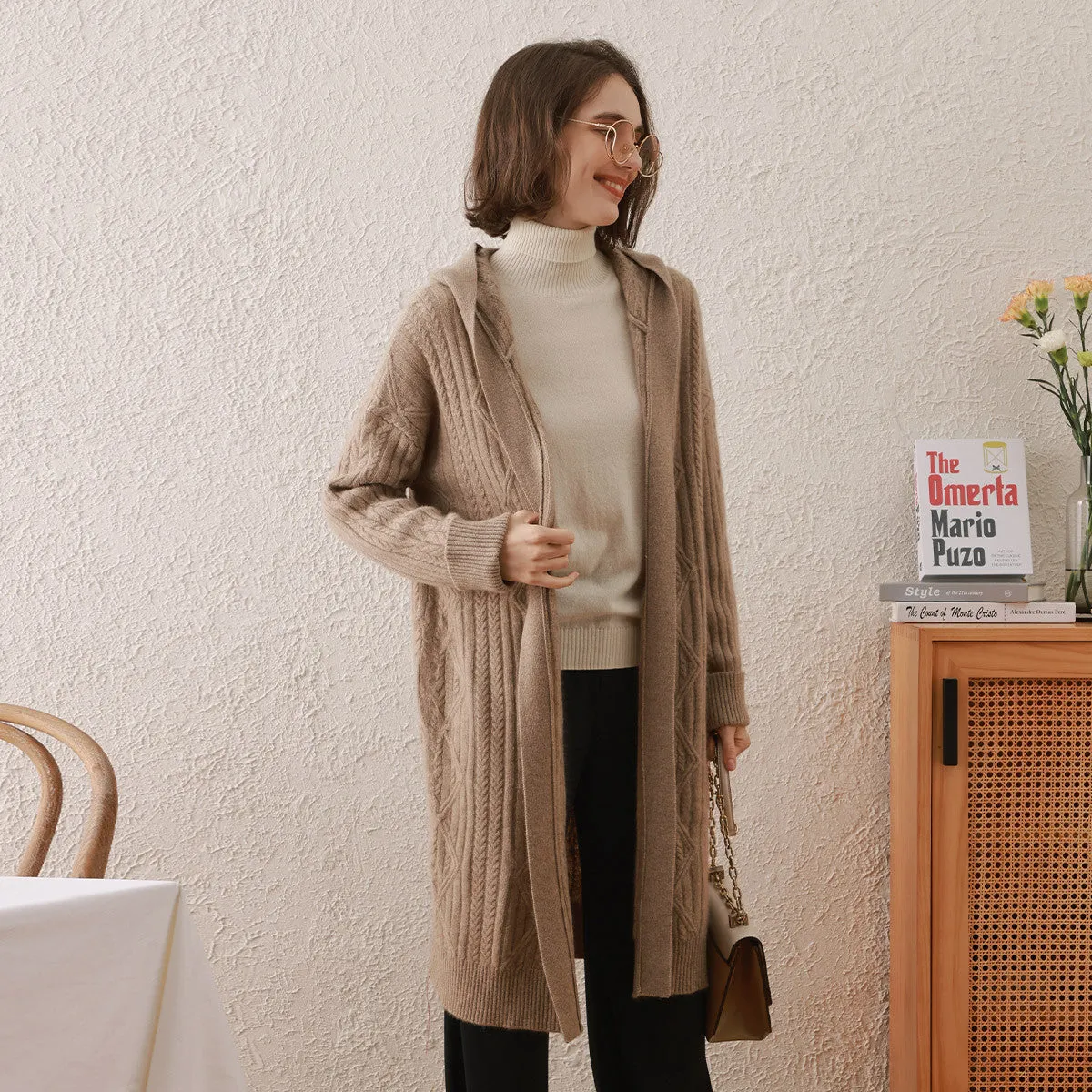 100% Cashmere Cardigan Loose Hooded Knit Coat