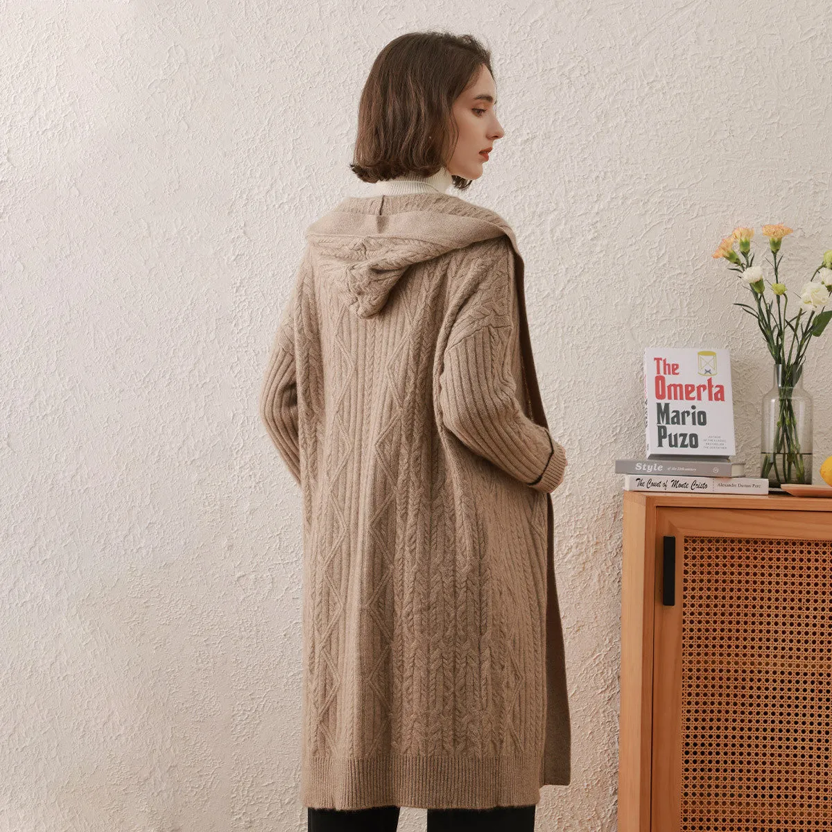 100% Cashmere Cardigan Loose Hooded Knit Coat