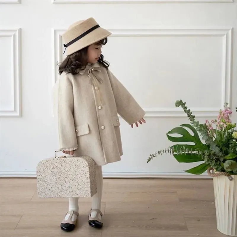 Beige Bow Lapel Coat with Pearl Buttons