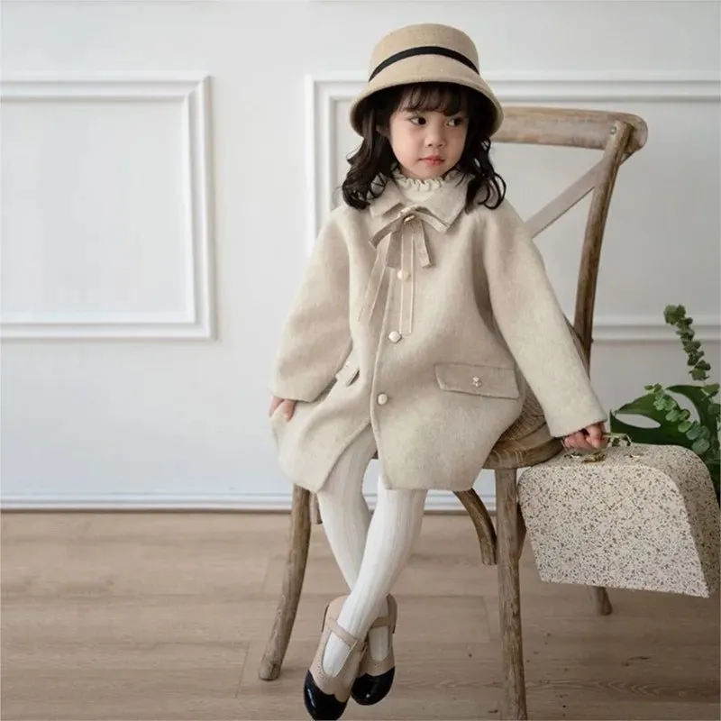 Beige Bow Lapel Coat with Pearl Buttons