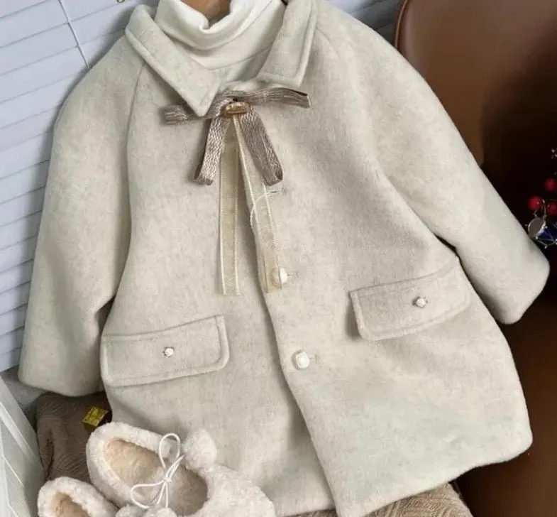 Beige Bow Lapel Coat with Pearl Buttons