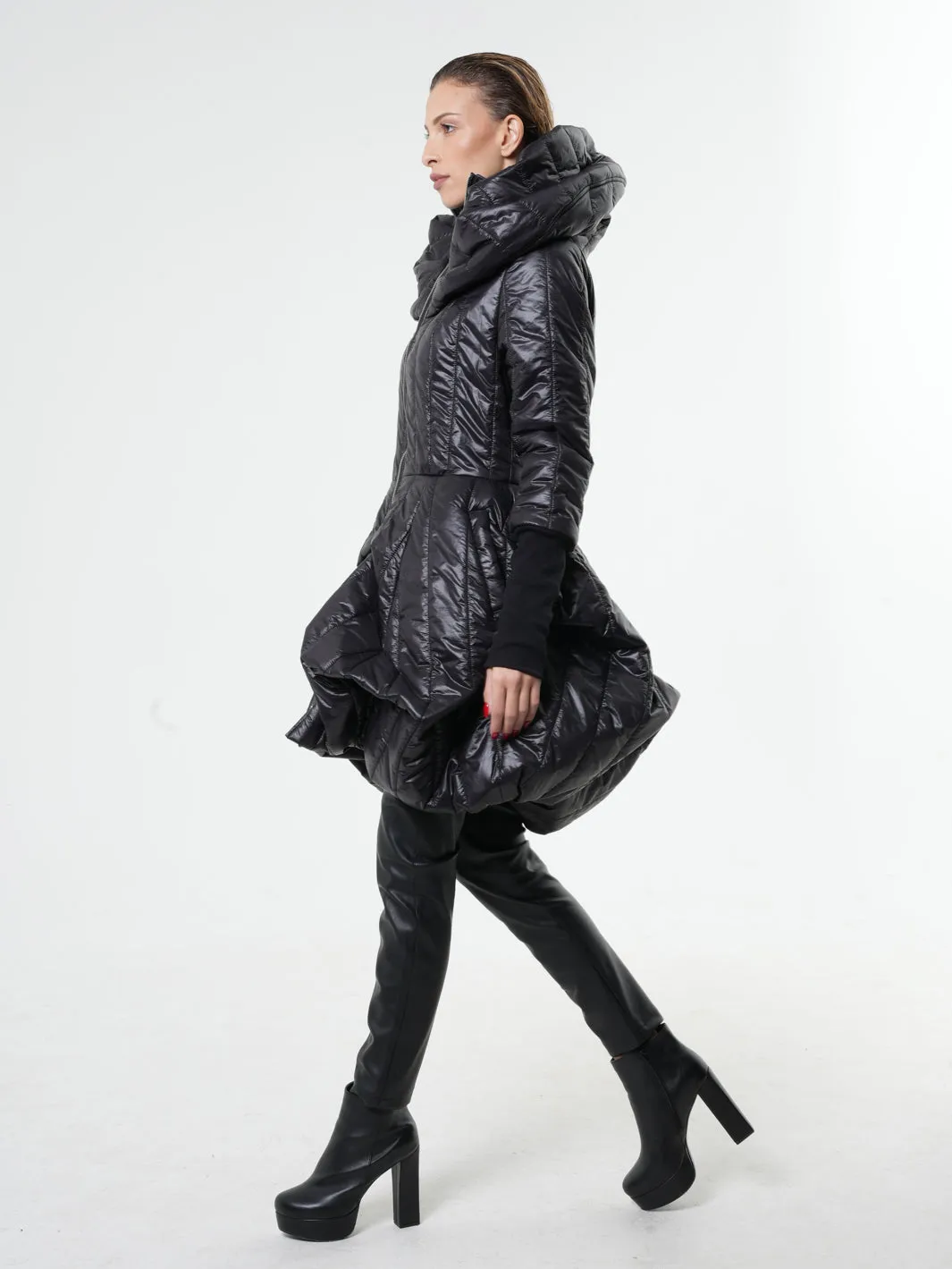 Black Puffer Coat With Large Collar