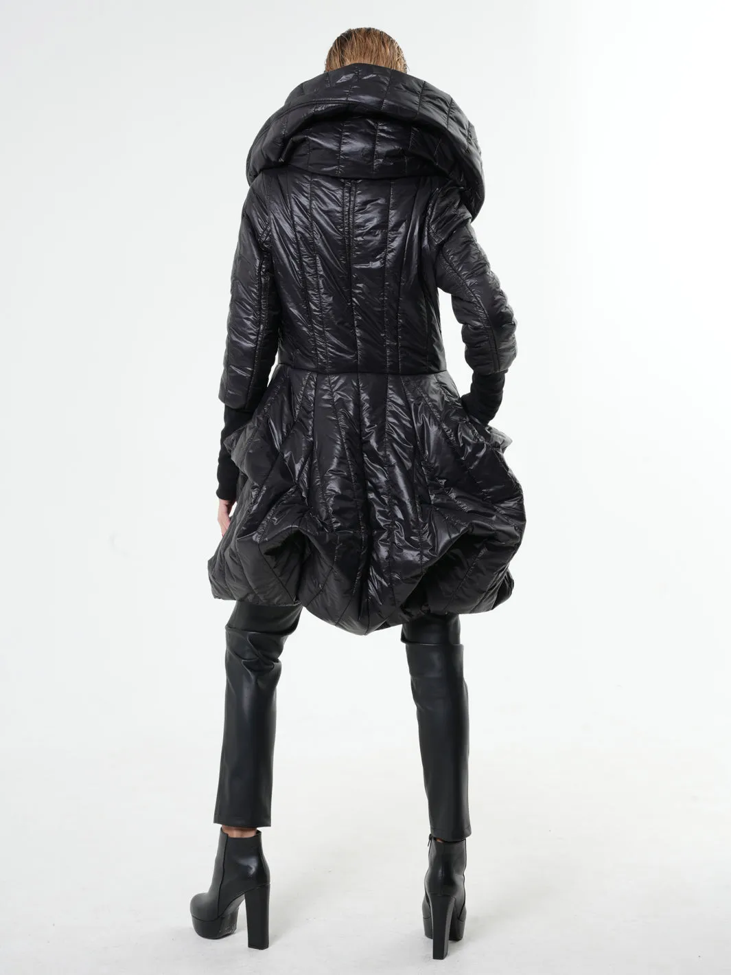 Black Puffer Coat With Large Collar