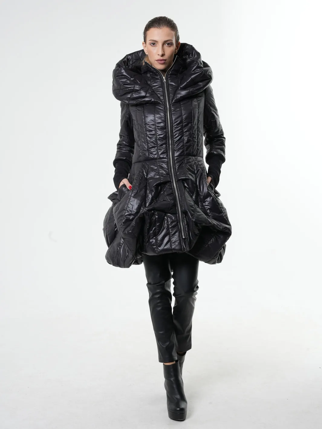 Black Puffer Coat With Large Collar