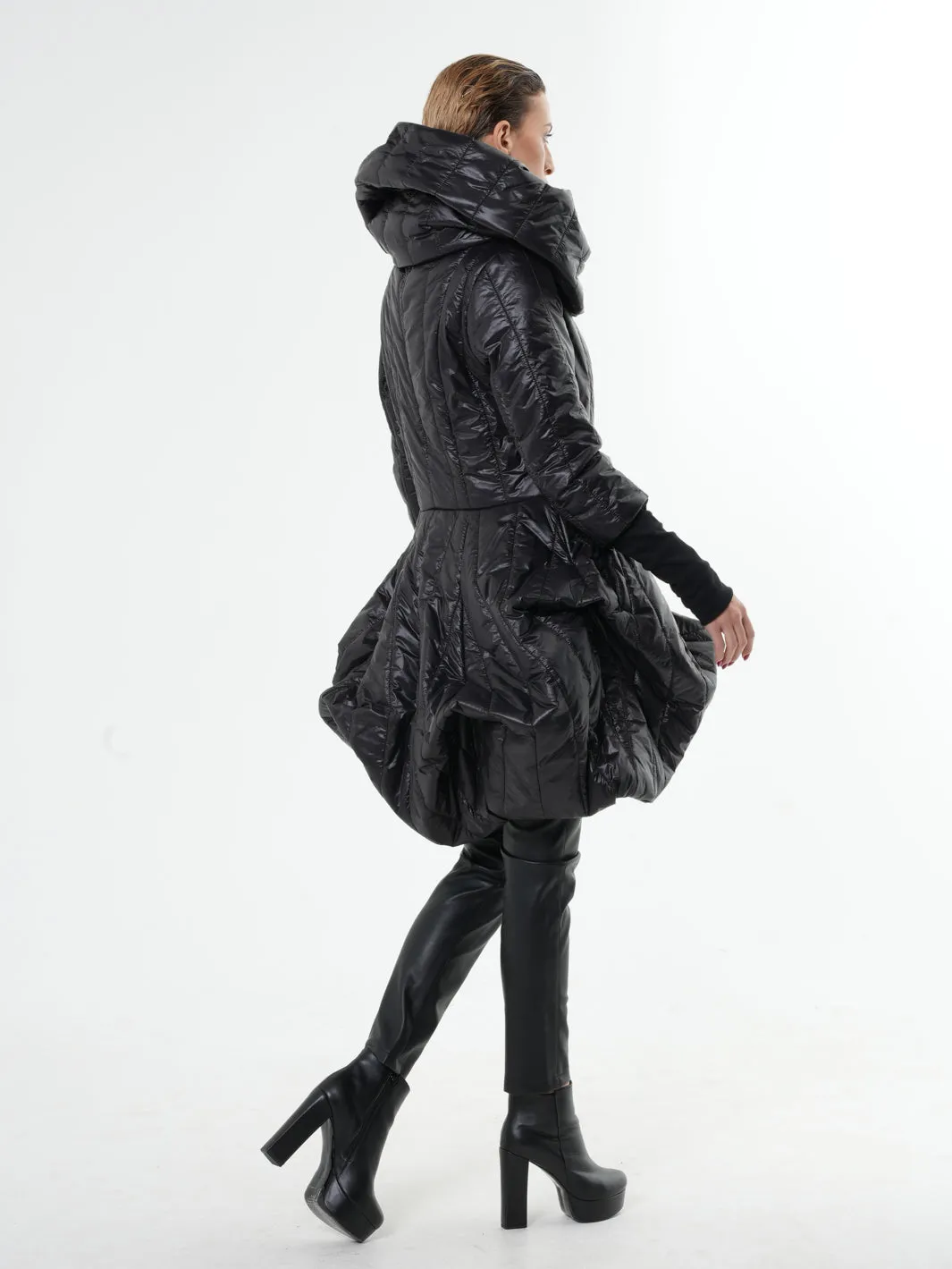 Black Puffer Coat With Large Collar