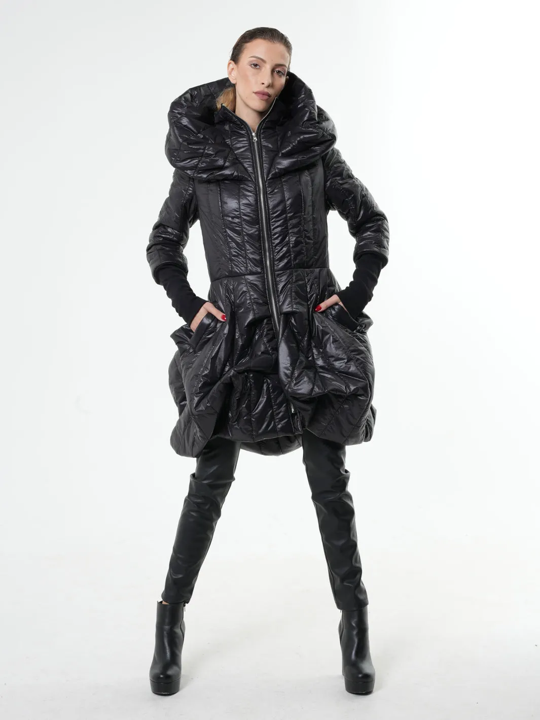 Black Puffer Coat With Large Collar