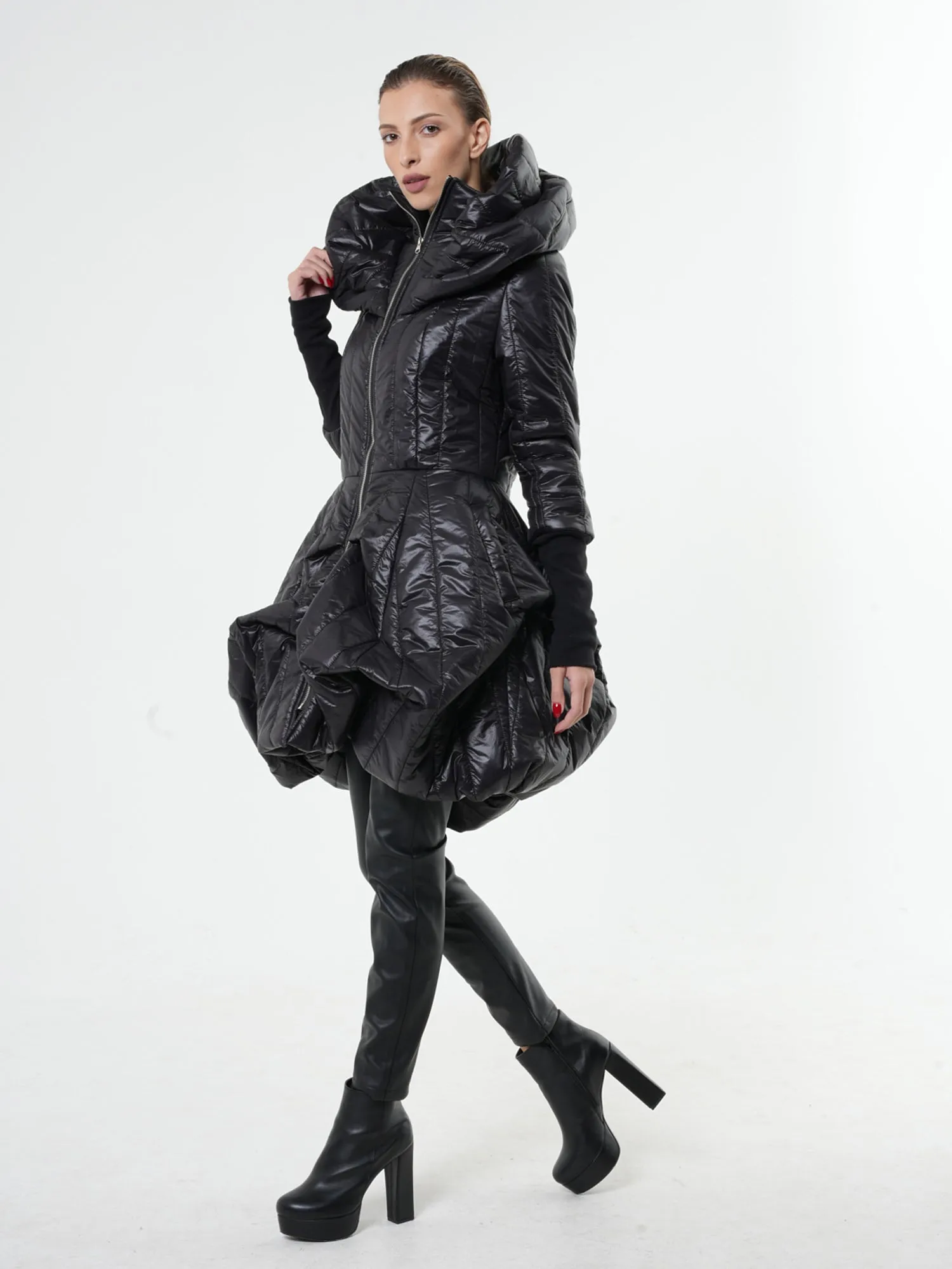 Black Puffer Coat With Large Collar