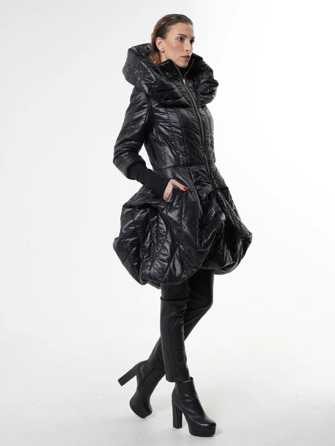 Black Puffer Coat With Large Collar