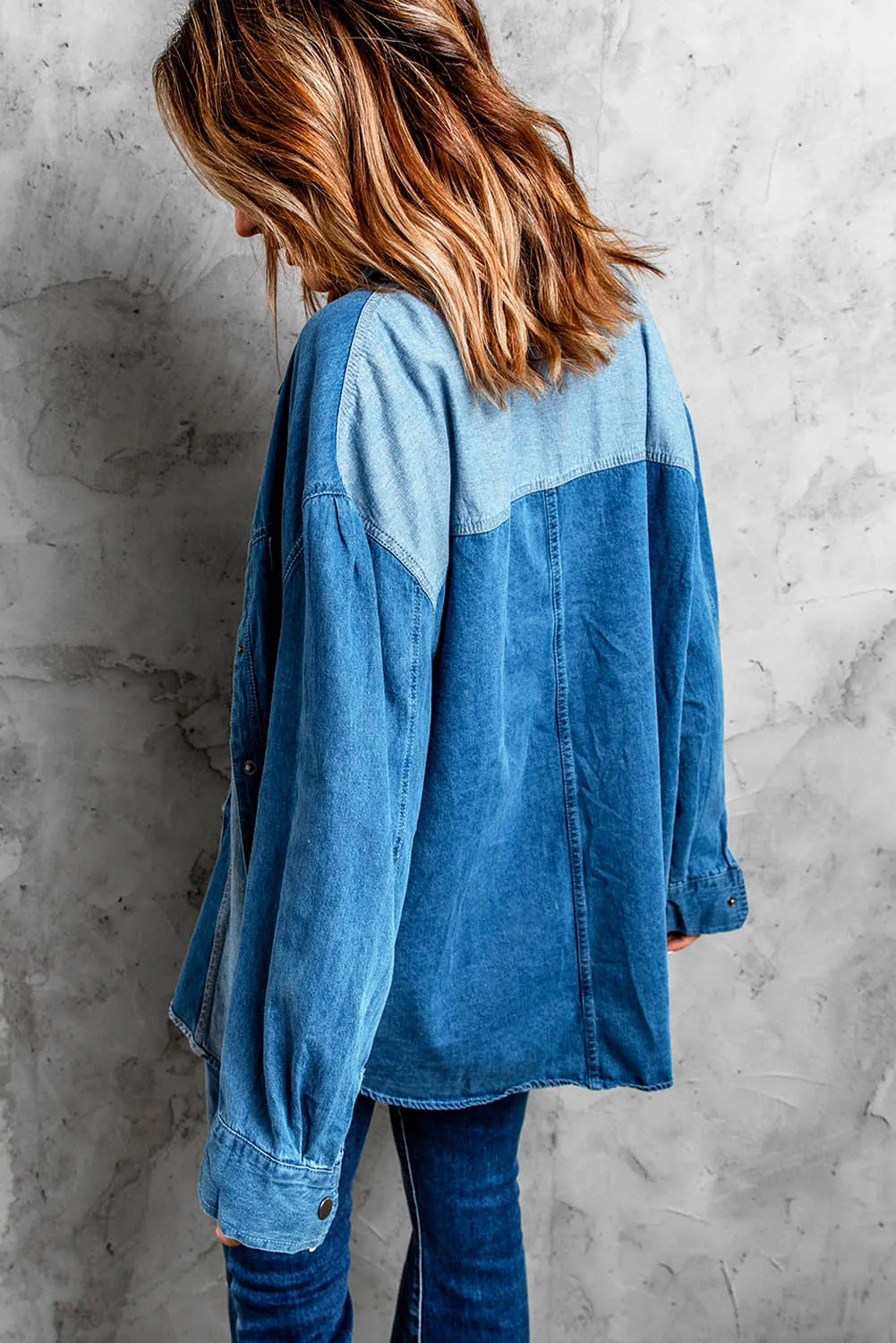 Blue Color Block Buttoned Denim Jacket