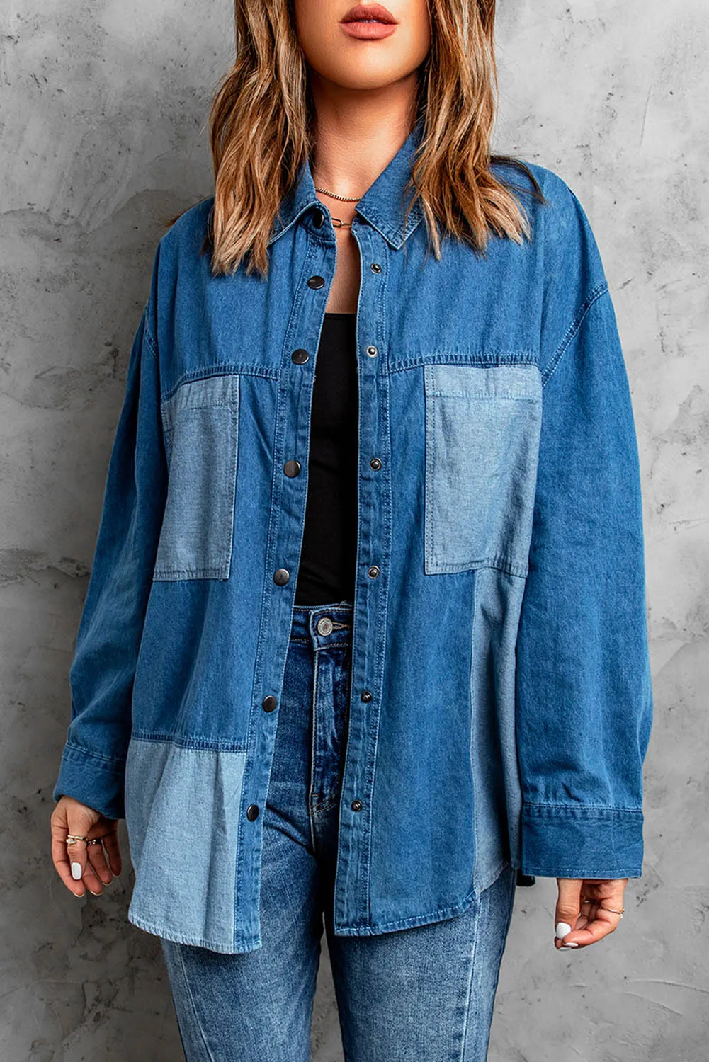 Blue Color Block Buttoned Denim Jacket