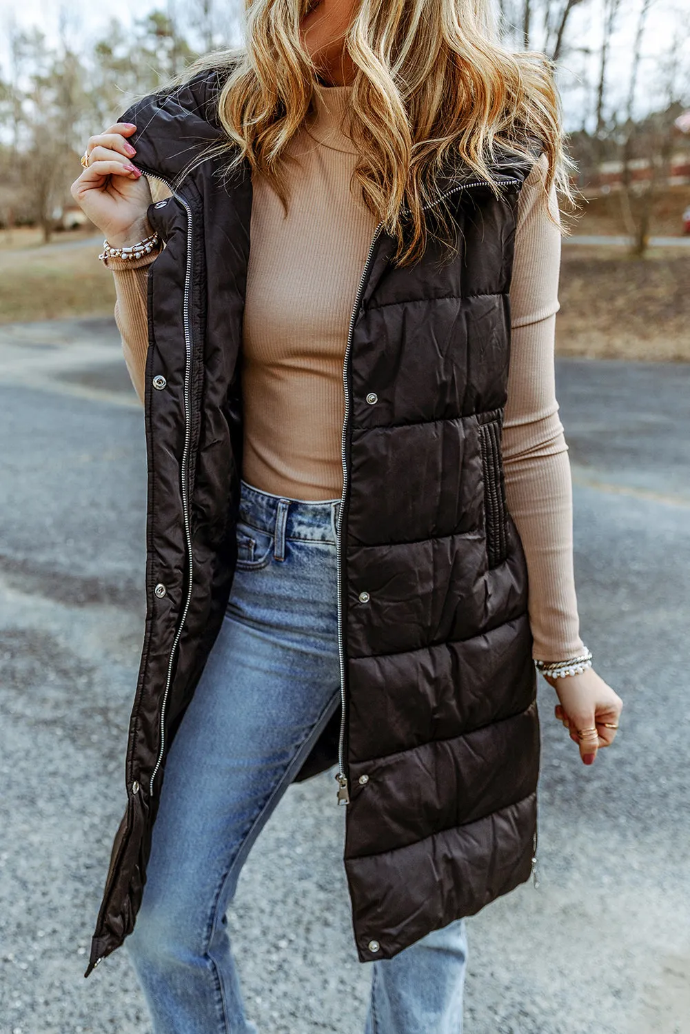 Bohemian Black Longline Hooded Sleeveless Puffer Vest