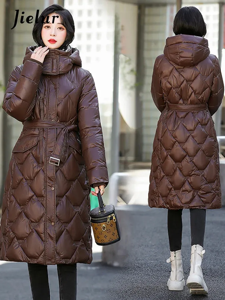 Bright Cotton Jackets for Women Winter Korean Parkas Female Fashion Mid Long Slim Warm White Cofee Khaki Coat Female