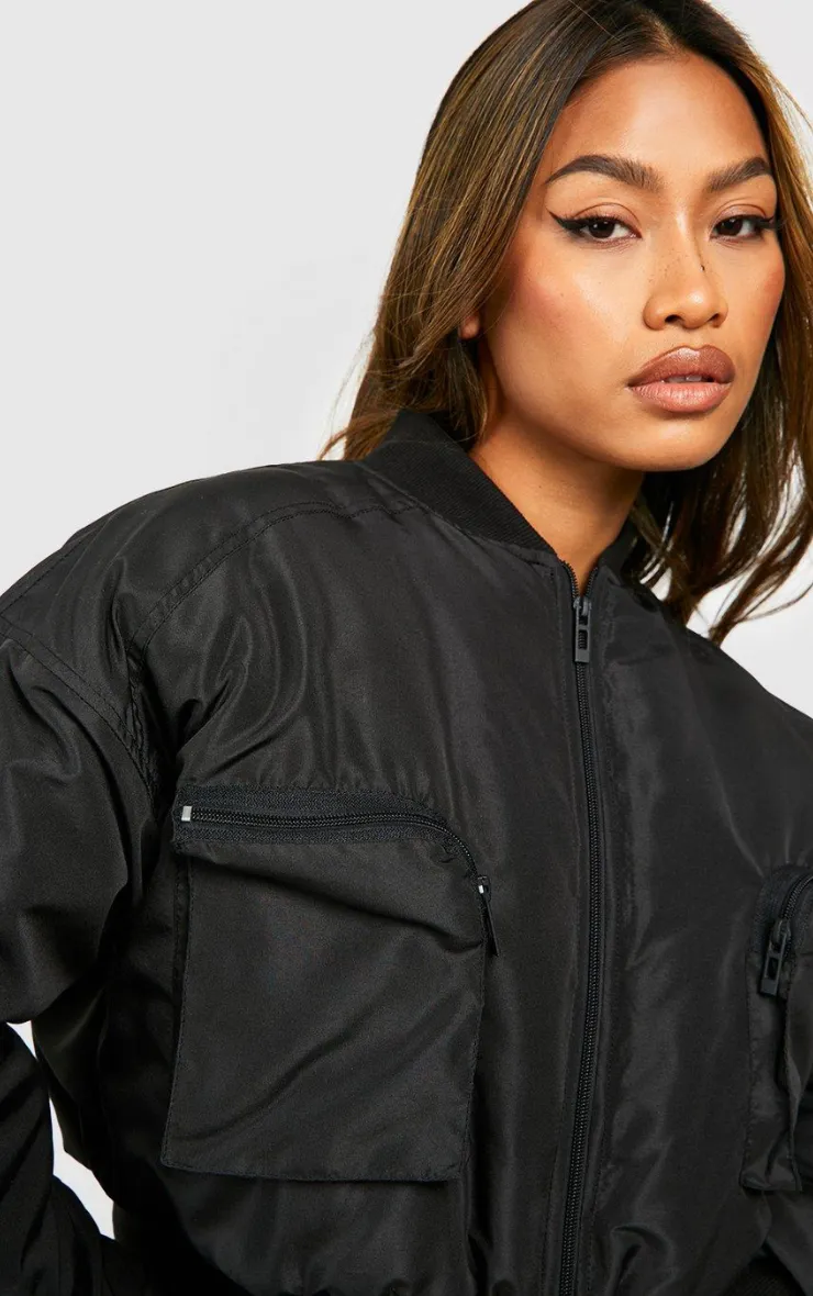 CROPPED RUCHED SLEEVE UTILITY POCKET BOMBER JACKET