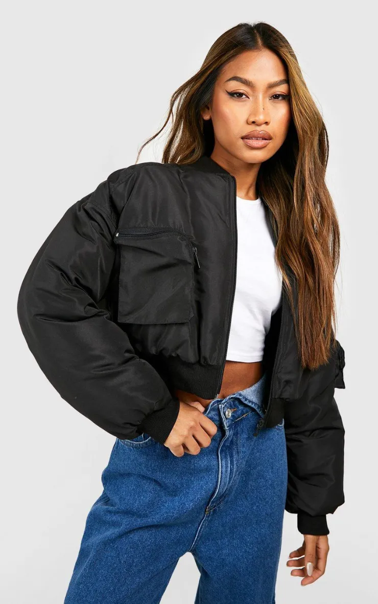 CROPPED RUCHED SLEEVE UTILITY POCKET BOMBER JACKET