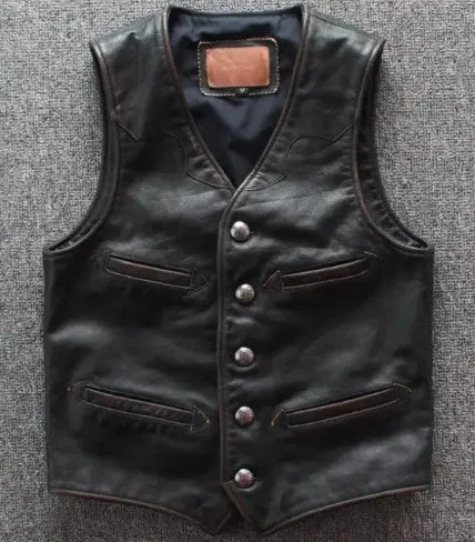 Genuine Cowhide Leather Motorcycle Biker Vest for Men