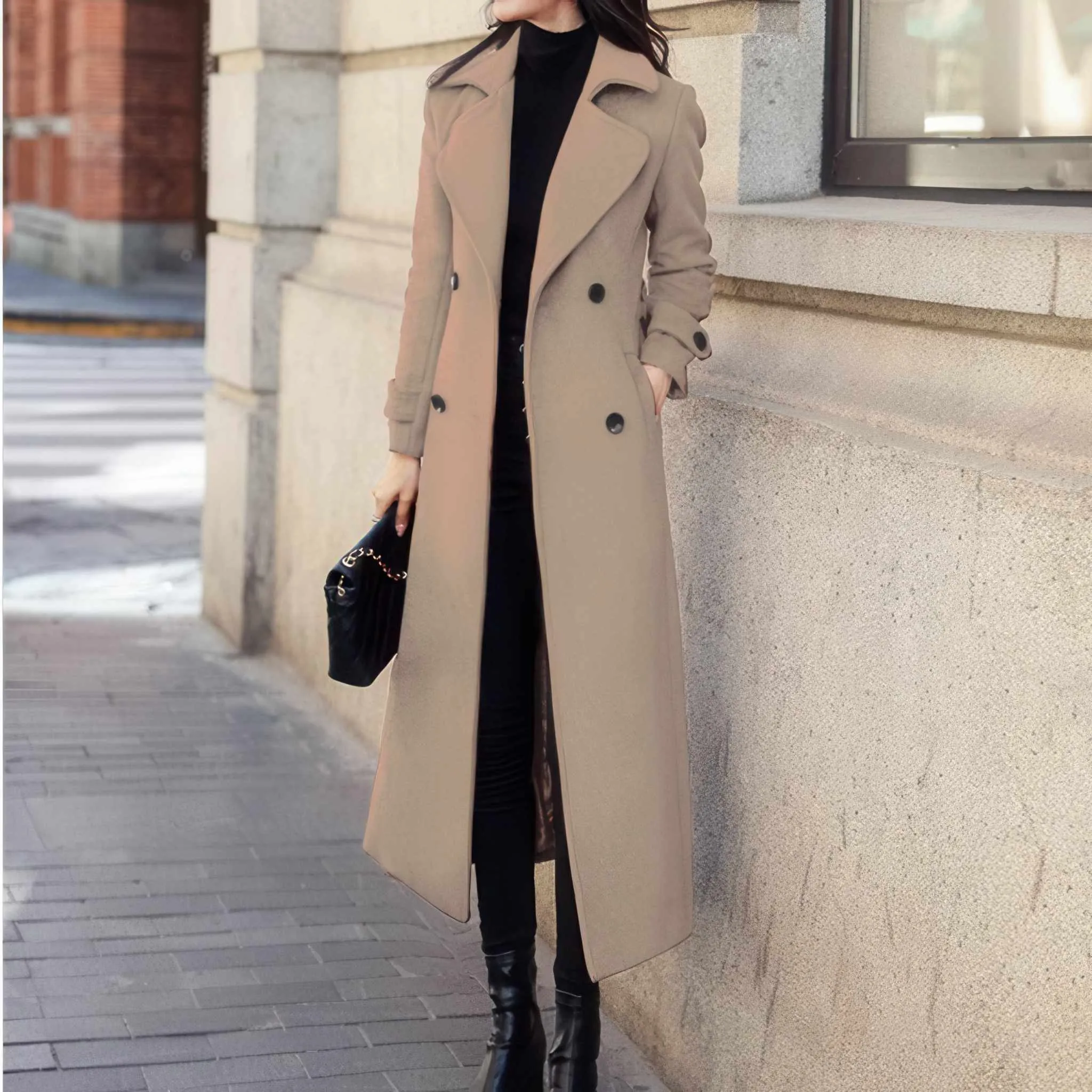 Glow Chic's Woolen Extended Suit Collar Trench Coat