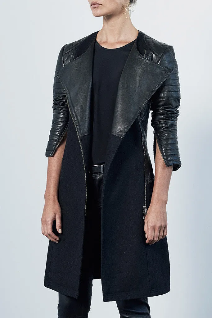 Greenwich Drape Coat in Black Wool & Leather