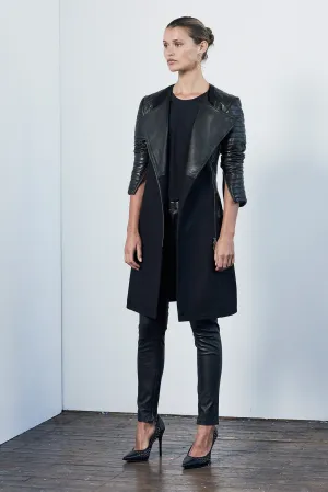 Greenwich Drape Coat in Black Wool & Leather