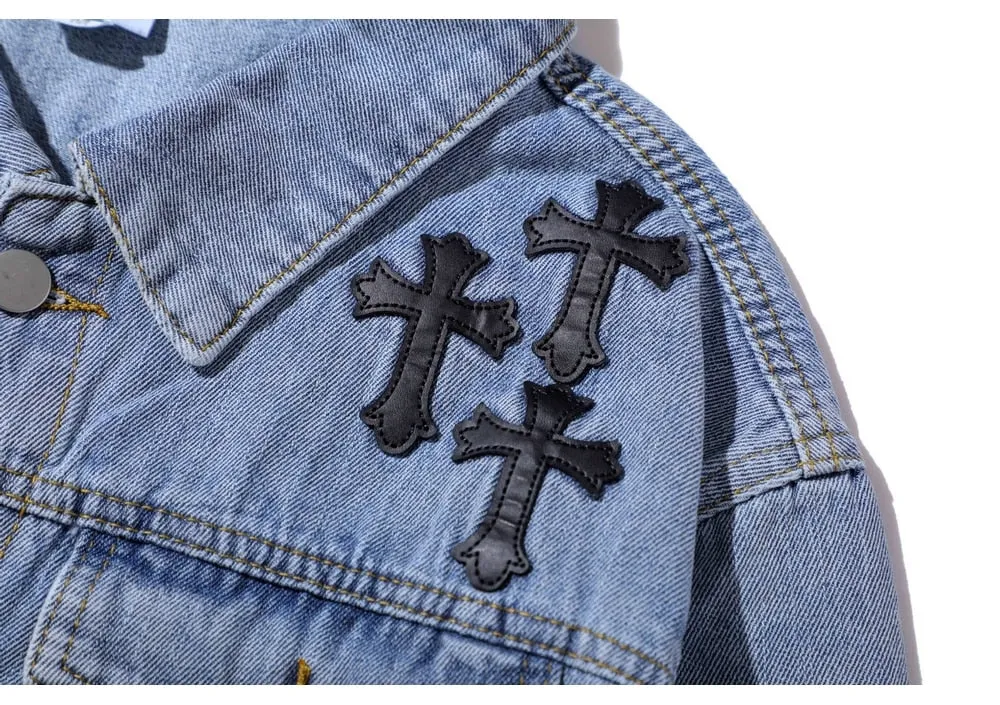 High Street Leather Embroidered Cross Vintage Denim Jacket