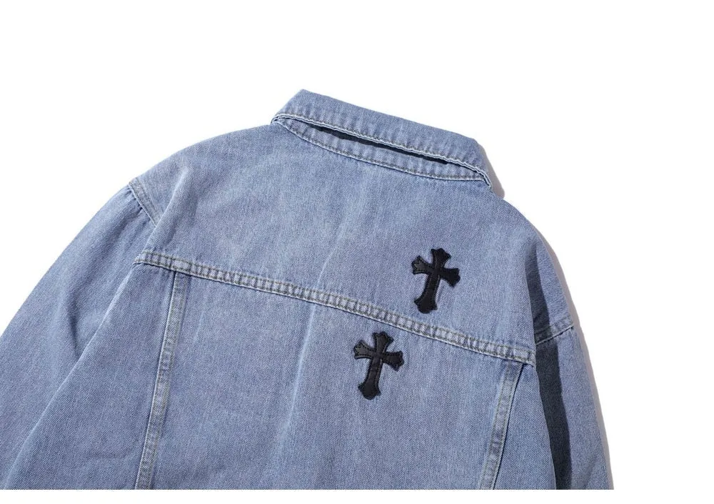 High Street Leather Embroidered Cross Vintage Denim Jacket