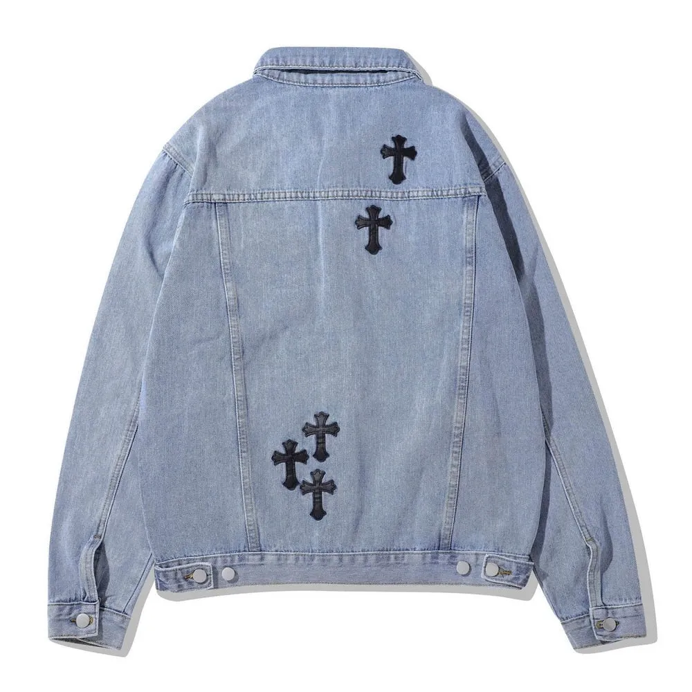 High Street Leather Embroidered Cross Vintage Denim Jacket