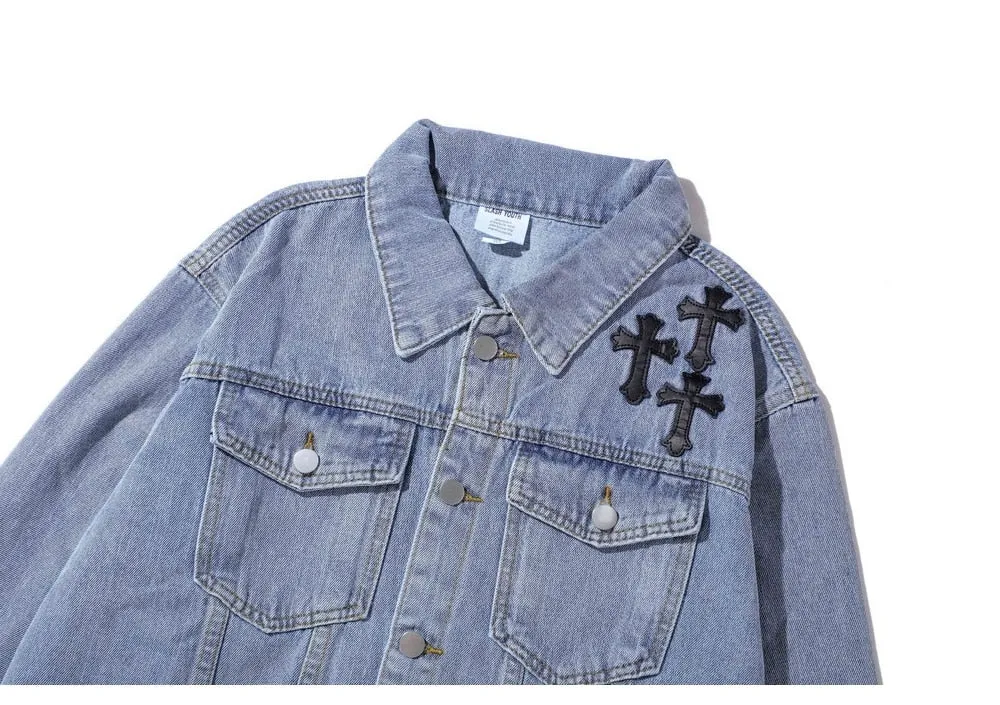 High Street Leather Embroidered Cross Vintage Denim Jacket