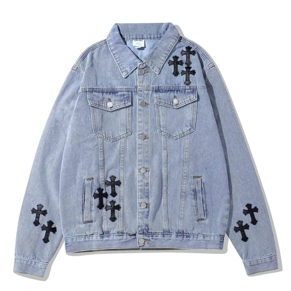 High Street Leather Embroidered Cross Vintage Denim Jacket