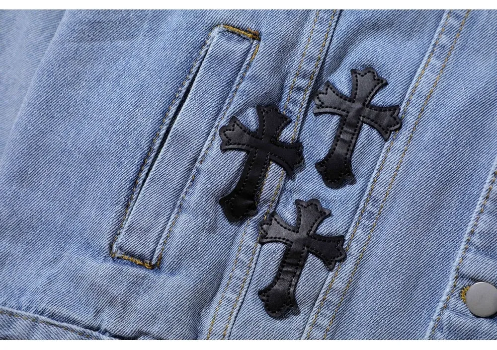 High Street Leather Embroidered Cross Vintage Denim Jacket