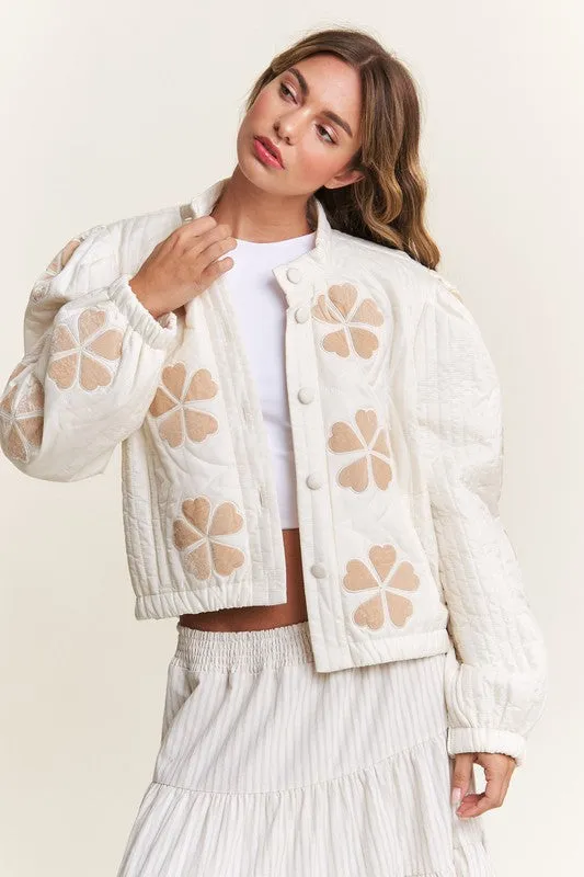 Jaclyn Long Sleeve Floral Print Quilted Jacket Ivory