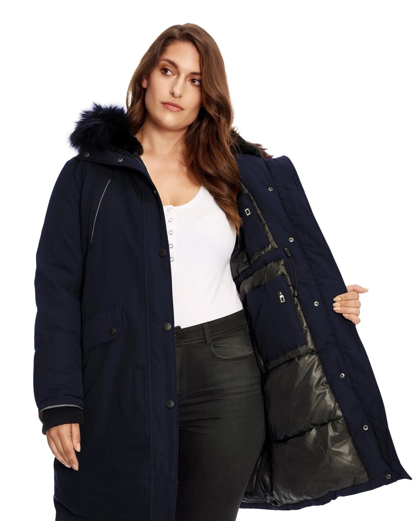 LAURENTIAN | Vegan Down Recycled Long Parka Winter With Faux Fur Hood | Navy