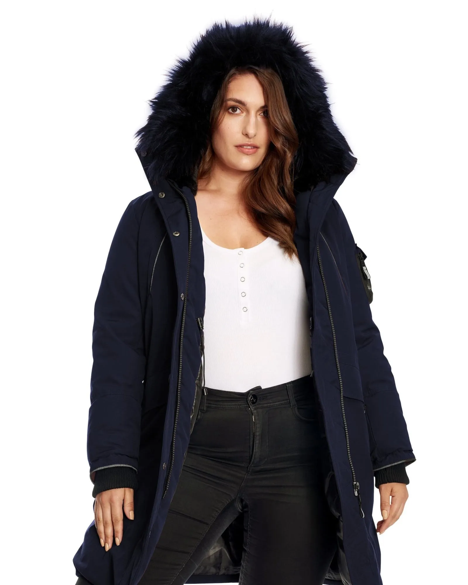 LAURENTIAN | Vegan Down Recycled Long Parka Winter With Faux Fur Hood | Navy