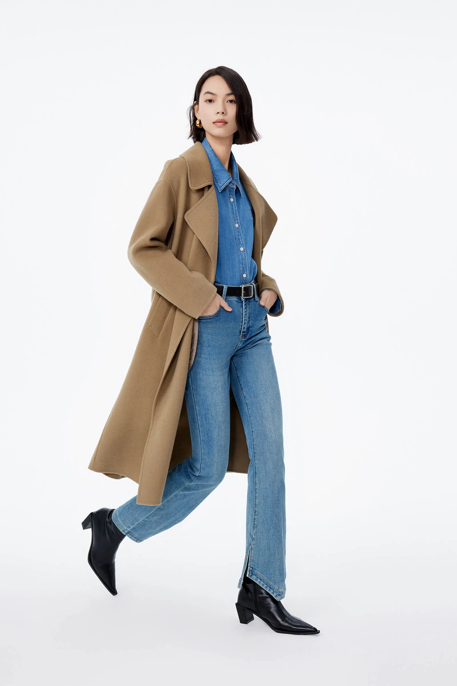 LILY Full Wool Slim Fit Belted Long Coat