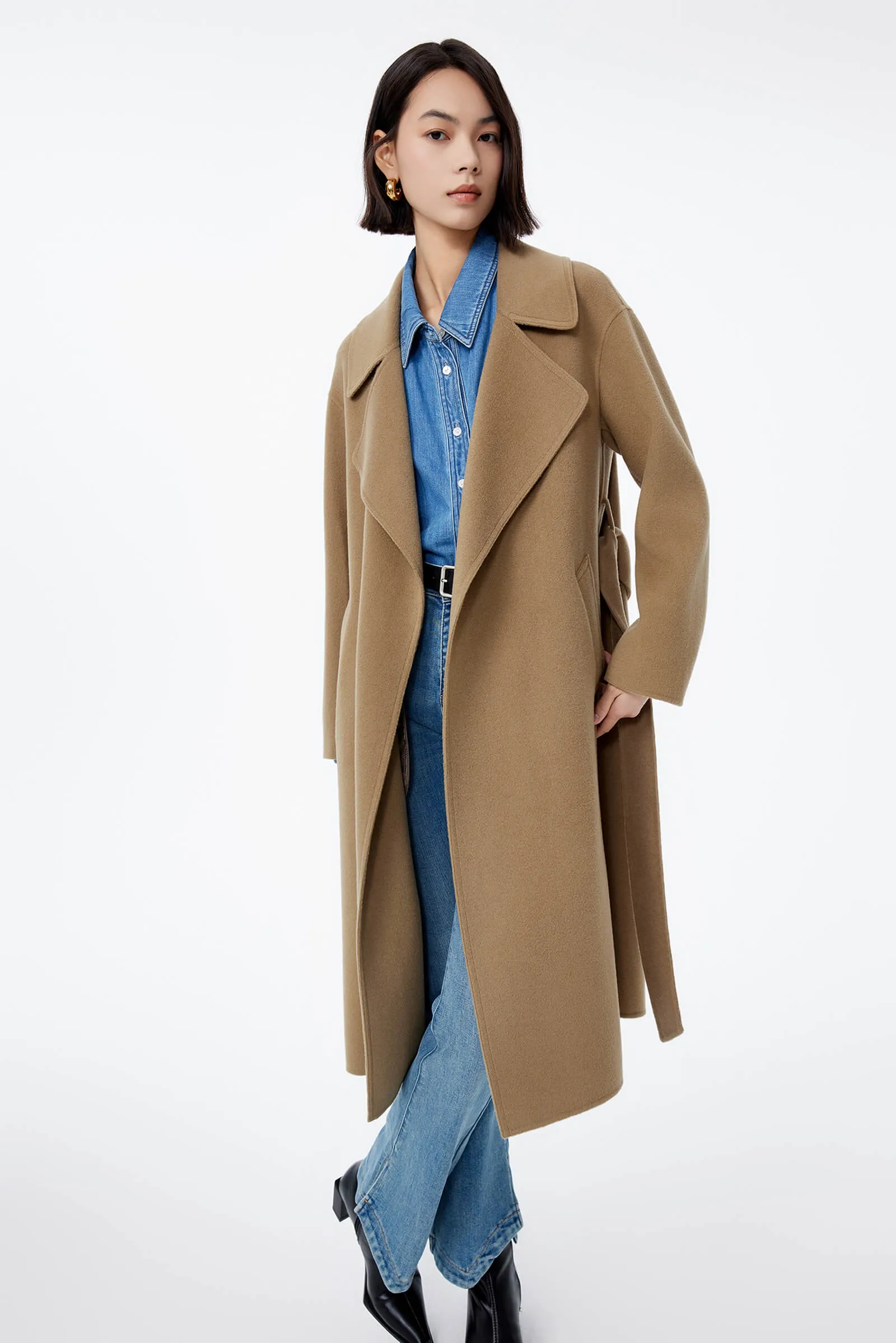 LILY Full Wool Slim Fit Belted Long Coat