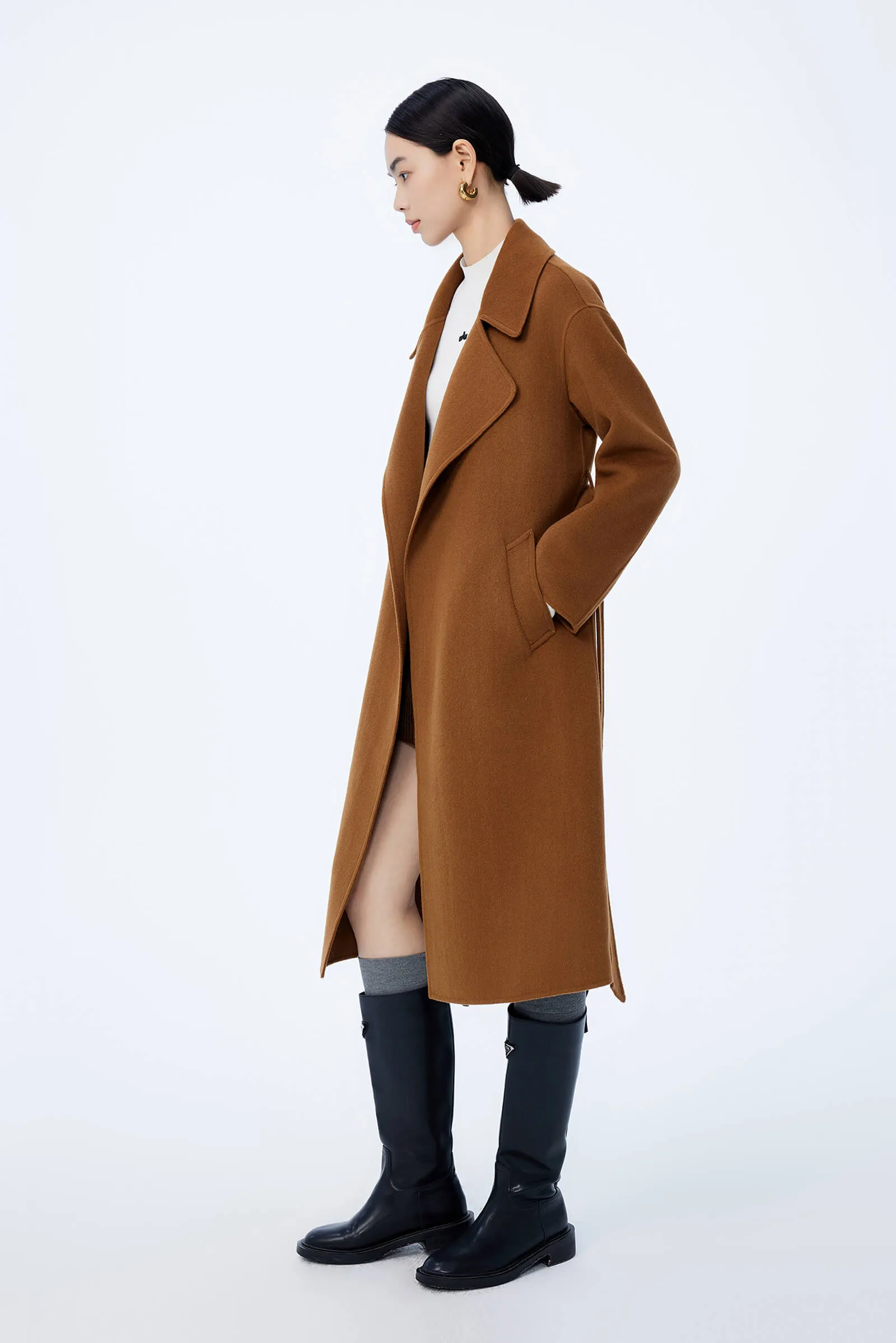 LILY Full Wool Slim Fit Belted Long Coat