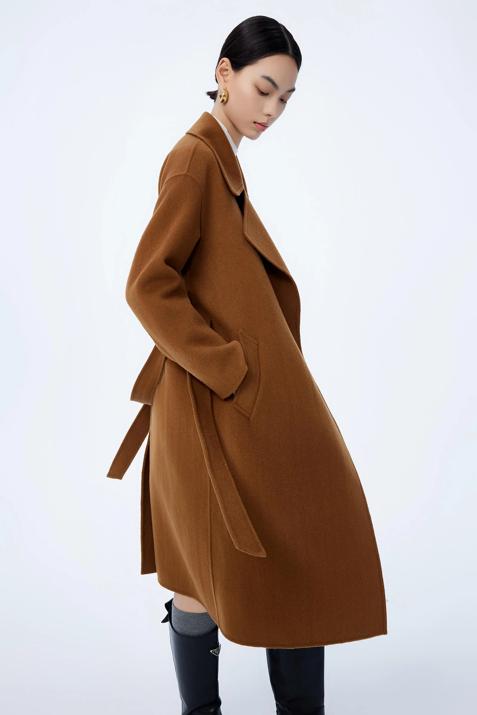 LILY Full Wool Slim Fit Belted Long Coat