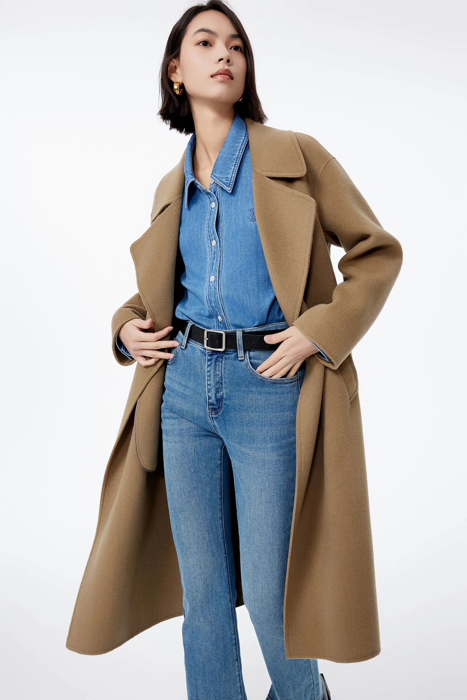 LILY Full Wool Slim Fit Belted Long Coat