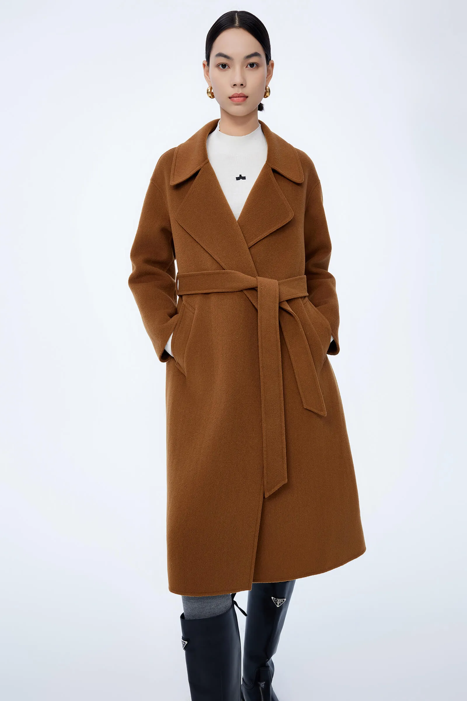 LILY Full Wool Slim Fit Belted Long Coat