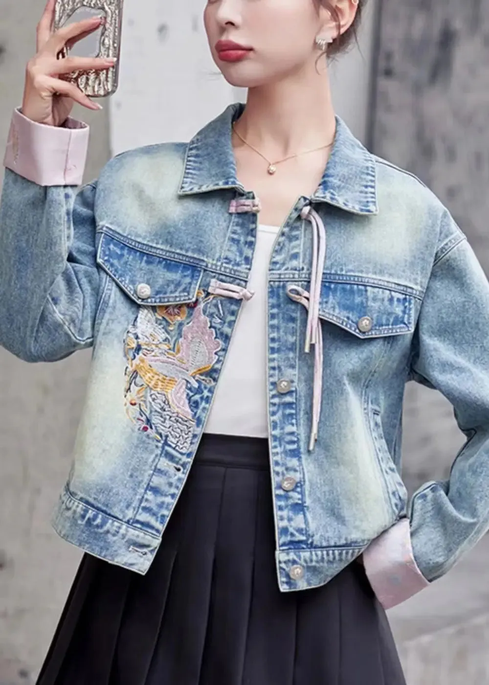 Loose Pink Embroidered Button Denim Coat Long Sleeve CG1035