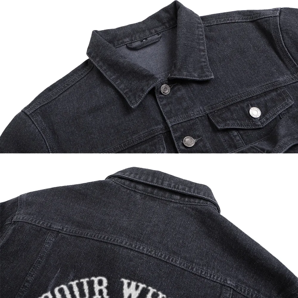 Mens FOR HHEELS MOVE THE SOUL Motorcycle Graphic Button Up Denim Jacket