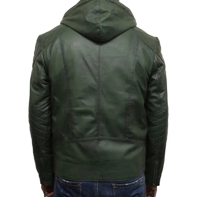 Men's Green Hooded Biker Leather Jacket