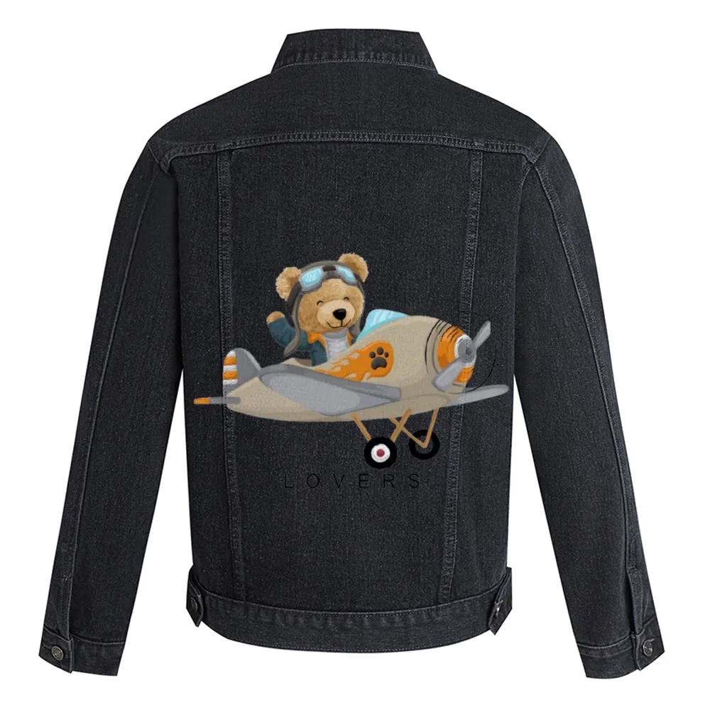 Mens Vintage Cartoon Cute Pilot Bear Prints Denim Jacket