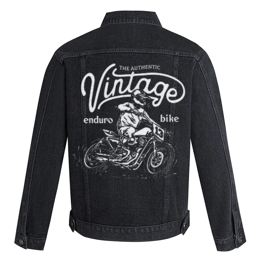 Mens VINTAGE ENDURO BIKE Motorcycle Graphic Button Up Denim Jacket