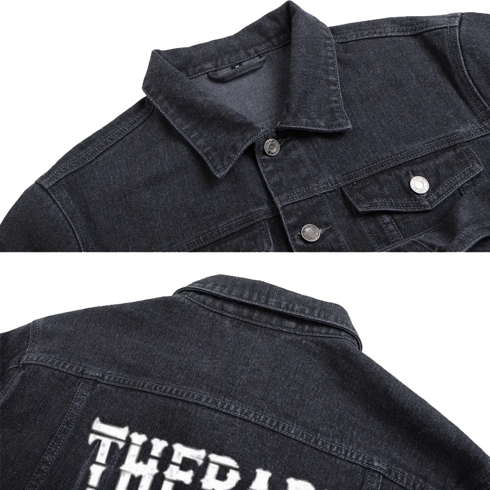 Mens WIND IS FREE Motorcycle Graphic Button Up Denim Jacket