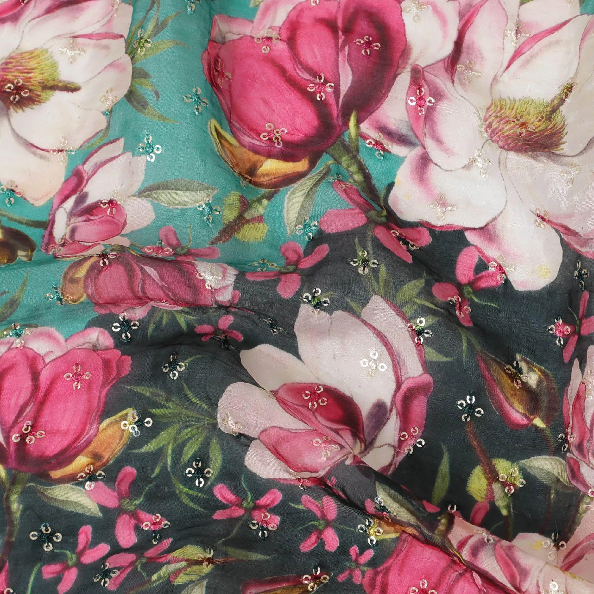 Multicolor synthetic printed chiffon fabric with gold sequin embrodery in floral design-D15437