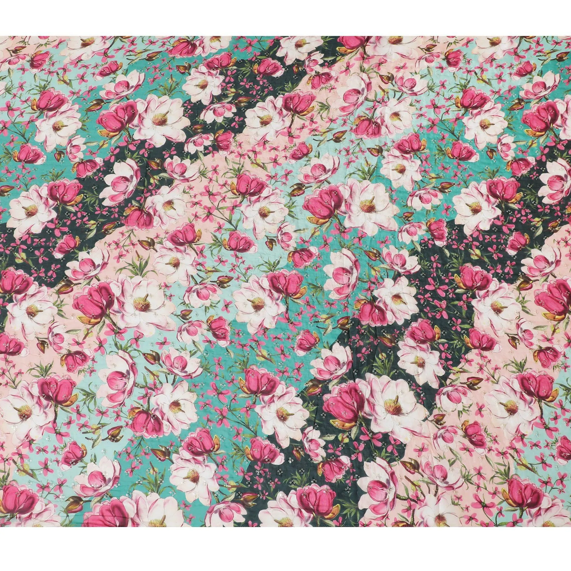 Multicolor synthetic printed chiffon fabric with gold sequin embrodery in floral design-D15437