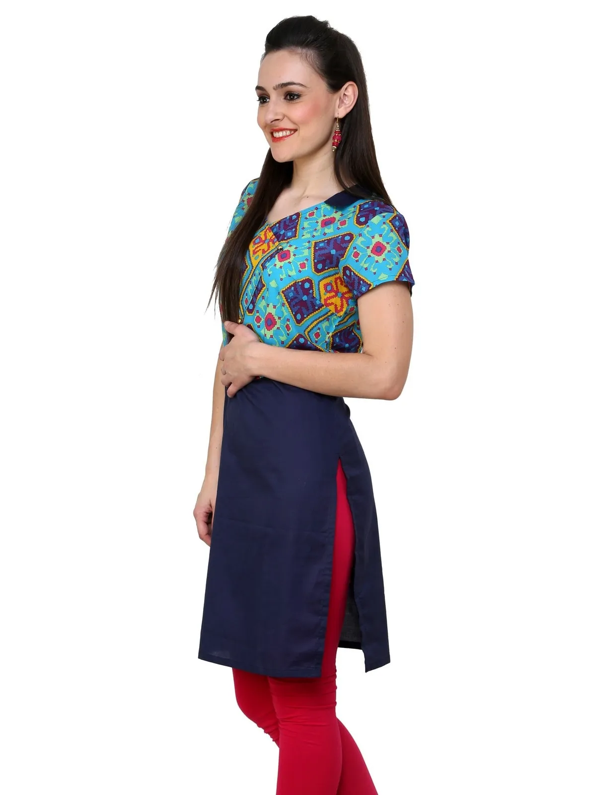 Pannkh Women's Blue Diamond Print Waist Coat Kurti