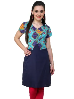 Pannkh Women's Blue Diamond Print Waist Coat Kurti