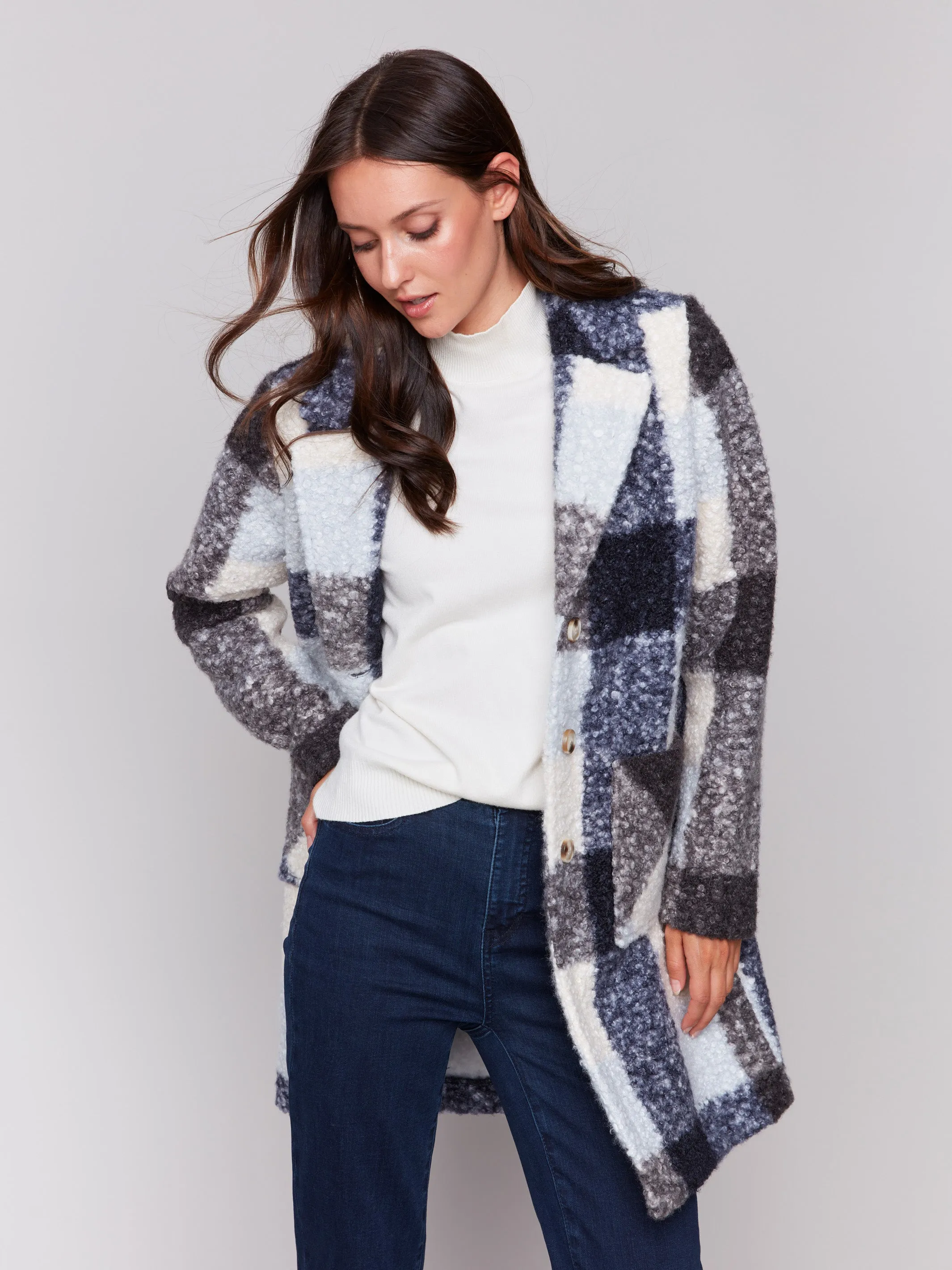 Plaid Bouclé Knit Coat - Navy