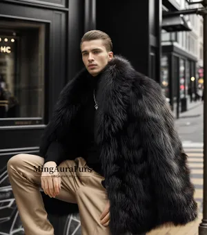 Refined Elegance: Men's Black Silver Fox Coat M816