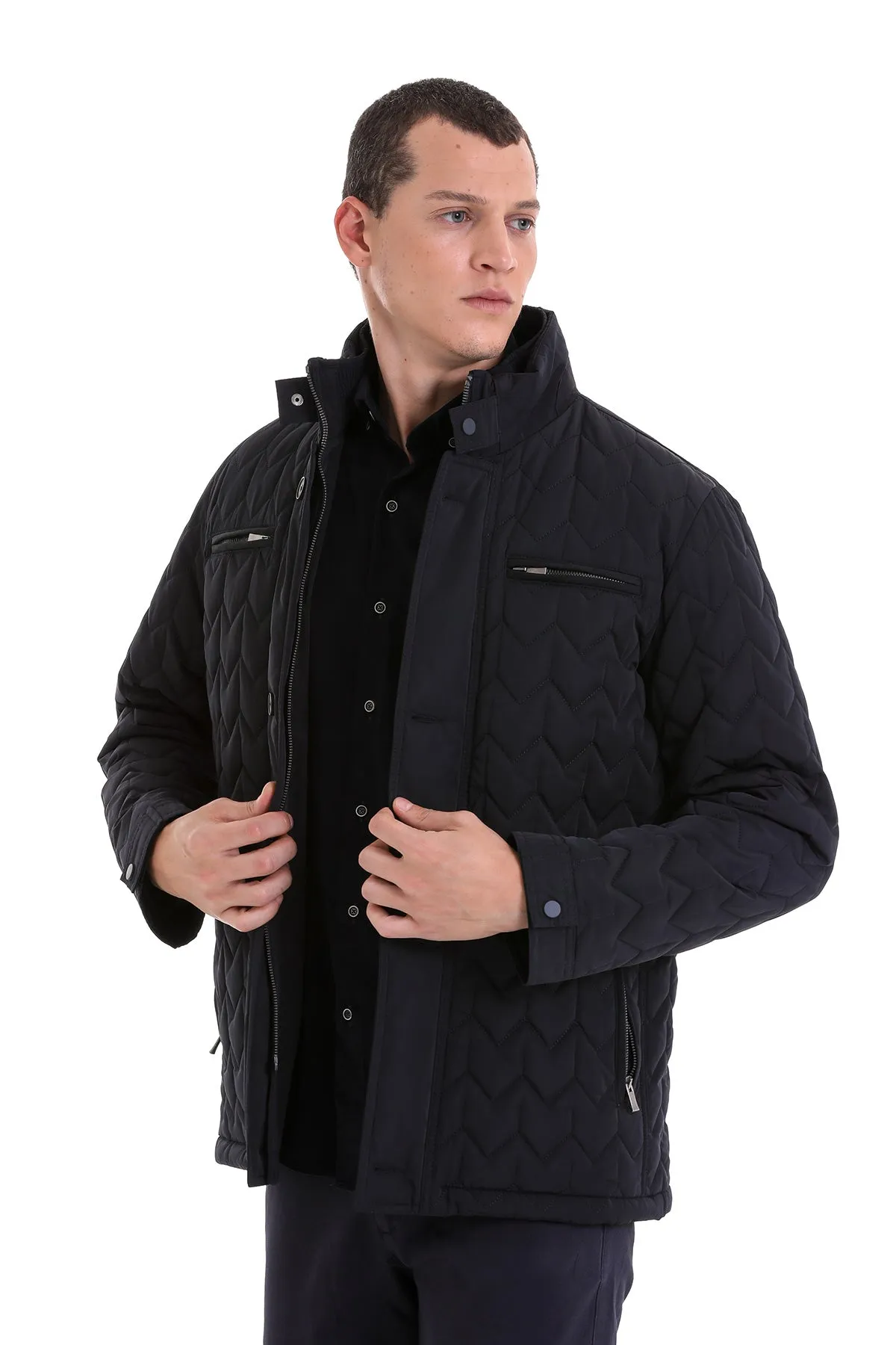 Regular Fit Quilted Stand Collar Navy Coat, Navy